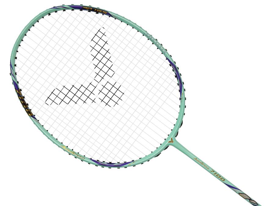 The Victor Auraspeed 7100 4U Badminton Racket in teal by Victor features black stringing with a logo on the strings and is displayed against a white background.