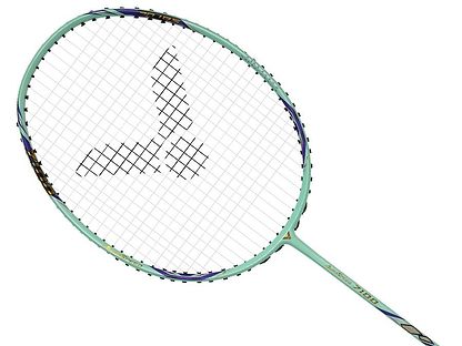 The Victor Auraspeed 7100 4U Badminton Racket in teal by Victor features black stringing with a logo on the strings and is displayed against a white background.