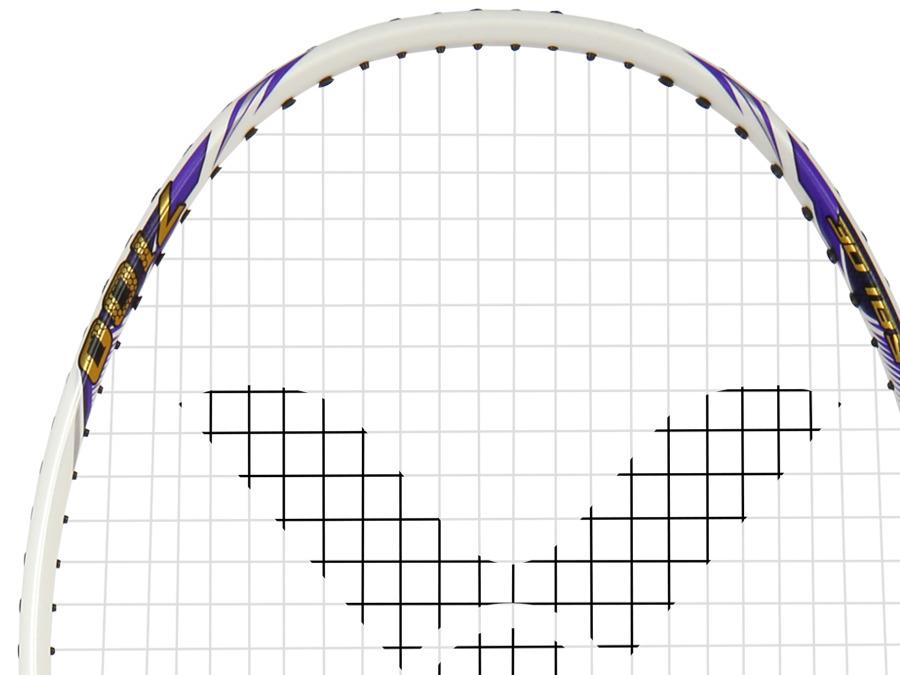A close-up of the Victor Auraspeed 7100 4U Badminton Racket by Victor shows its white frame with purple and gold accents, patterned strings, and a black "V" shape visible on the string bed.