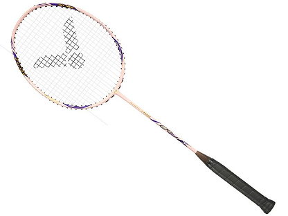 The Victor Auraspeed 7100 4U Badminton Racket in pink by Victor is shown with a black grip and stringed head on a white background—ideal for beginners.