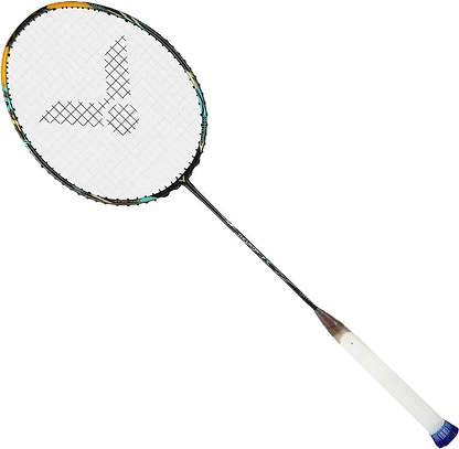 The Victor Thruster F C Ultra CX 4U Badminton Racket by Victor features a black and gold frame, white strings with logo, a slim black shaft, and a white grip handle with blue end cap, shown on a white background.