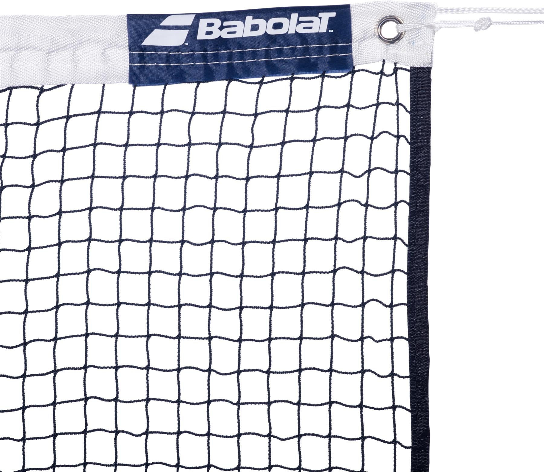 Close-up of the top corner of a Babolat Badminton Net, showing the Babolat logo on a blue and white band, with white string and a metal grommet at the top right.