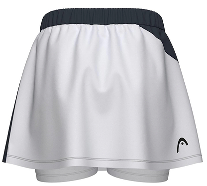 The HEAD Dynamic Womens Badminton Skort in Navy/White features a contrasting waistband and side detail, a small logo on the lower right front, built-in shorts for coverage, and moisture-wicking fabric.