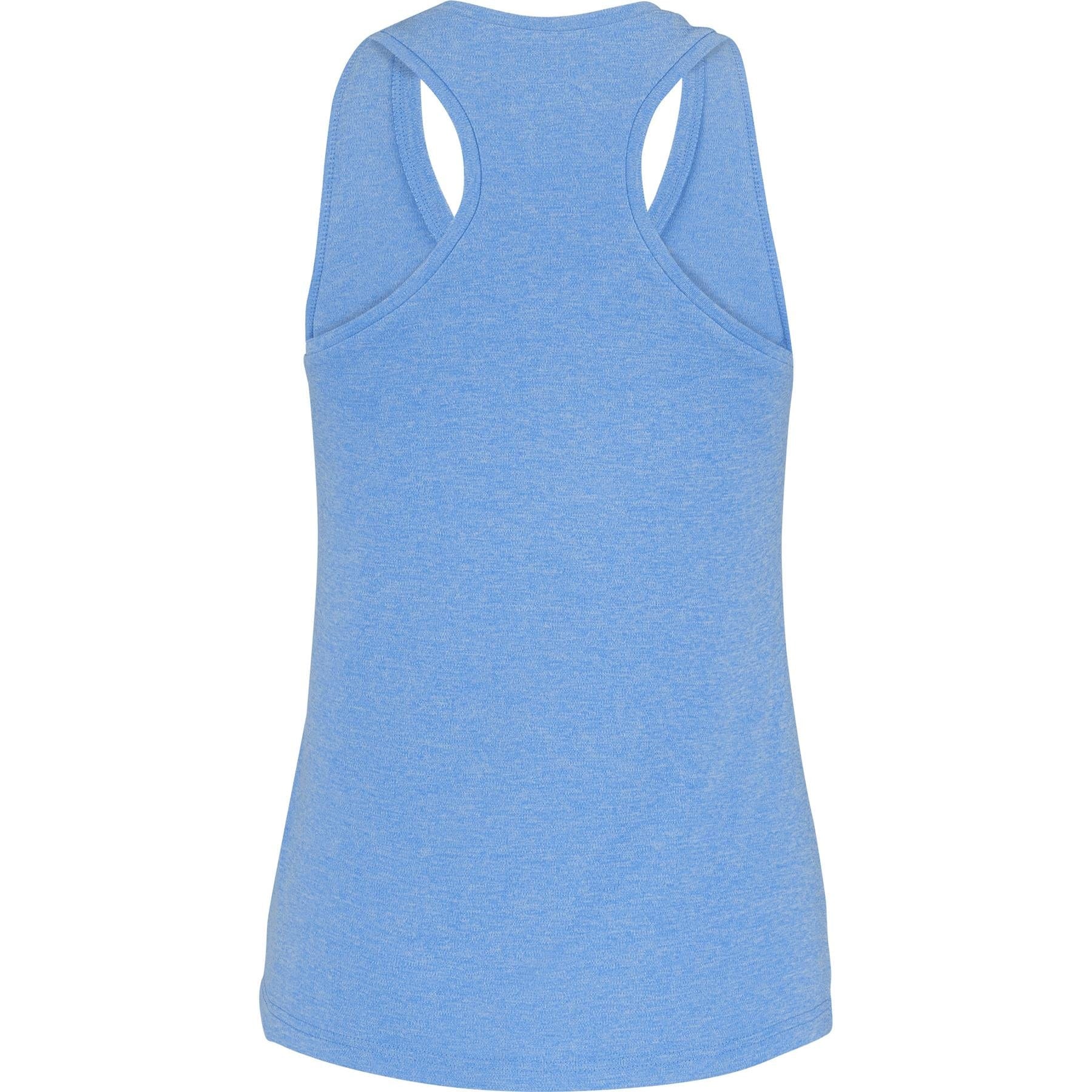 The Babolat Play Women's Badminton Tank Top in White/Blue Heather highlights a racerback design made from Fiber Dry polyester, offering comfort and style for female sportswear fans.