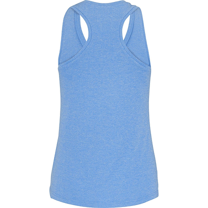 The Babolat Play Women's Badminton Tank Top in White/Blue Heather highlights a racerback design made from Fiber Dry polyester, offering comfort and style for female sportswear fans.