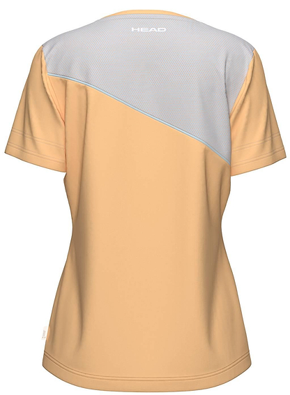 Back view of the HEAD Tie-Break Womens Badminton T-Shirt - APLB in peach, featuring short sleeves, a light gray mesh upper back for breathability, and "HEAD" printed in white near the collar. Ideal as moisture-wicking sportswear.