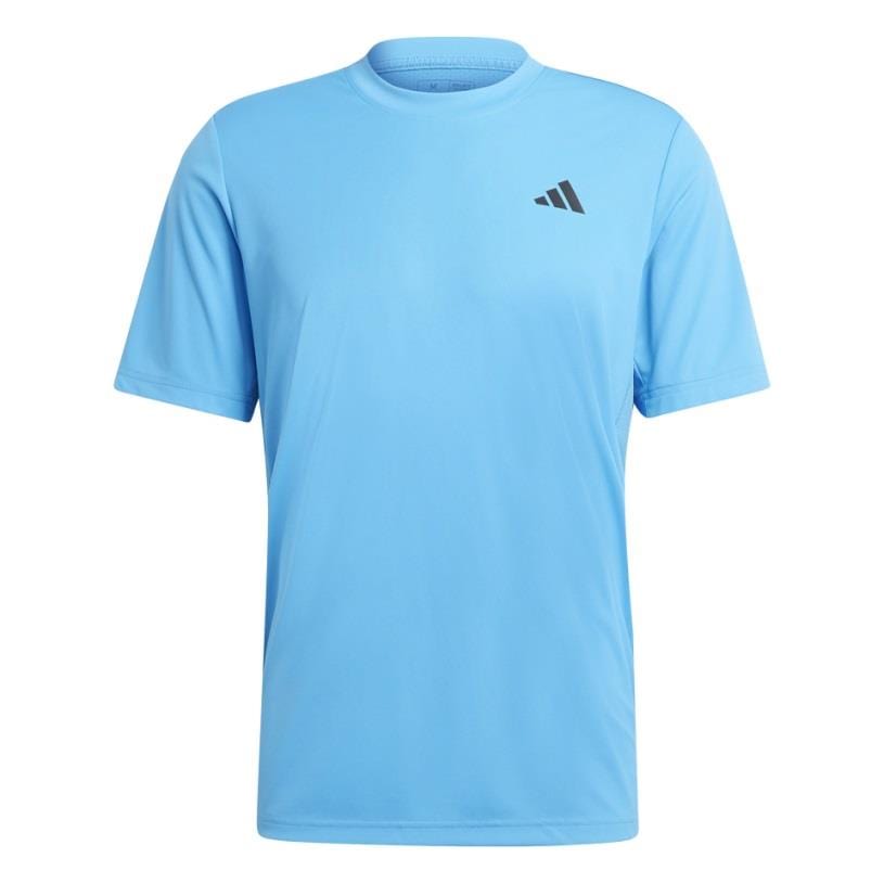 The ADIDAS Men's Club Badminton T-Shirt in Pulse Blue is ideal for badminton, incorporating AEROREADY technology and showcasing a small black triangular logo on the upper left chest. As part of the adidas Club collection, it combines performance with style, featuring short sleeves for enhanced comfort and mobility.