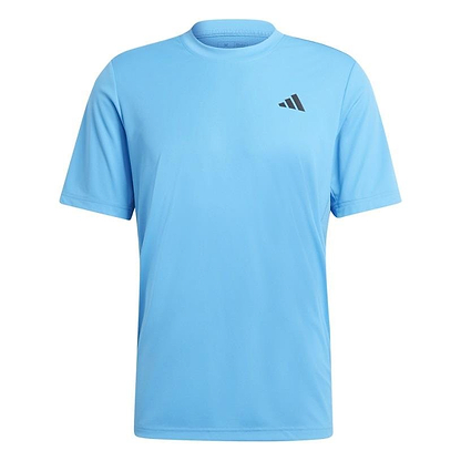 The ADIDAS Men's Club Badminton T-Shirt in Pulse Blue is ideal for badminton, incorporating AEROREADY technology and showcasing a small black triangular logo on the upper left chest. As part of the adidas Club collection, it combines performance with style, featuring short sleeves for enhanced comfort and mobility.