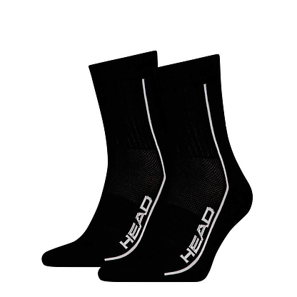 The HEAD Performance Short Crew Badminton Socks in black feature a white stripe and the "HEAD" logo in white on the side, with a ribbed cuff and textured fabric for arch support, providing comfort and stability during intense badminton matches.