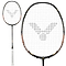 The Victor Thruster FC Hendra Setiawan LTD Edition 3U Badminton Racket - Black / Gold sports a sophisticated black frame with white strings arranged in a unique pattern reminiscent of a stylized logo. The handle, wrapped with white grip tape, features the signature of badminton legend Hendra Setiawan. A detailed view highlights the distinctive design of the Thruster FC's head.