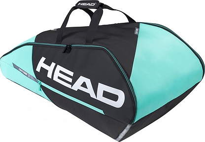 The HEAD Tour Team 9R Supercombi 9 Racket Badminton Bag in black and mint exhibits a sleek design with "HEAD" prominently displayed in bold white letters. It combines style with practicality, featuring a convenient carry system and top handle, ideal for athletes who prioritize both aesthetics and functionality.