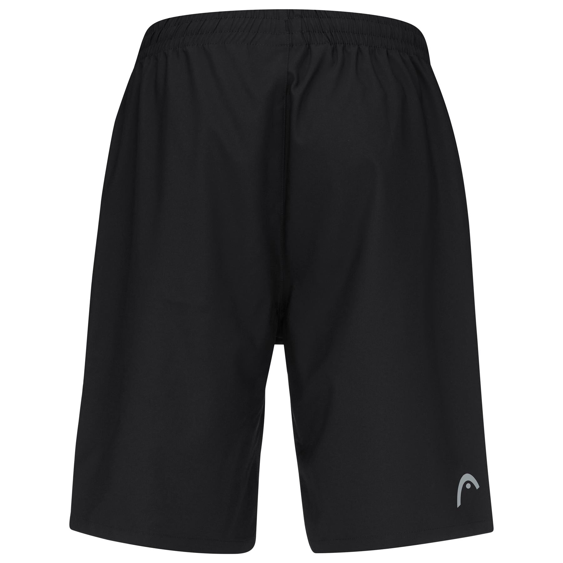 HEAD Club Bermudas Men's Badminton Shorts - Black by HEAD, shown from the back, feature an elastic waistband, smooth design, small white logo, and moisture transfer microfibre for comfort. No visible pockets or patterns.