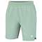 The Tecnifibre Team Stretch Men's Badminton Shorts in sage green feature an elastic waistband, lightweight breathable fabric, and a small white logo on the lower left leg.