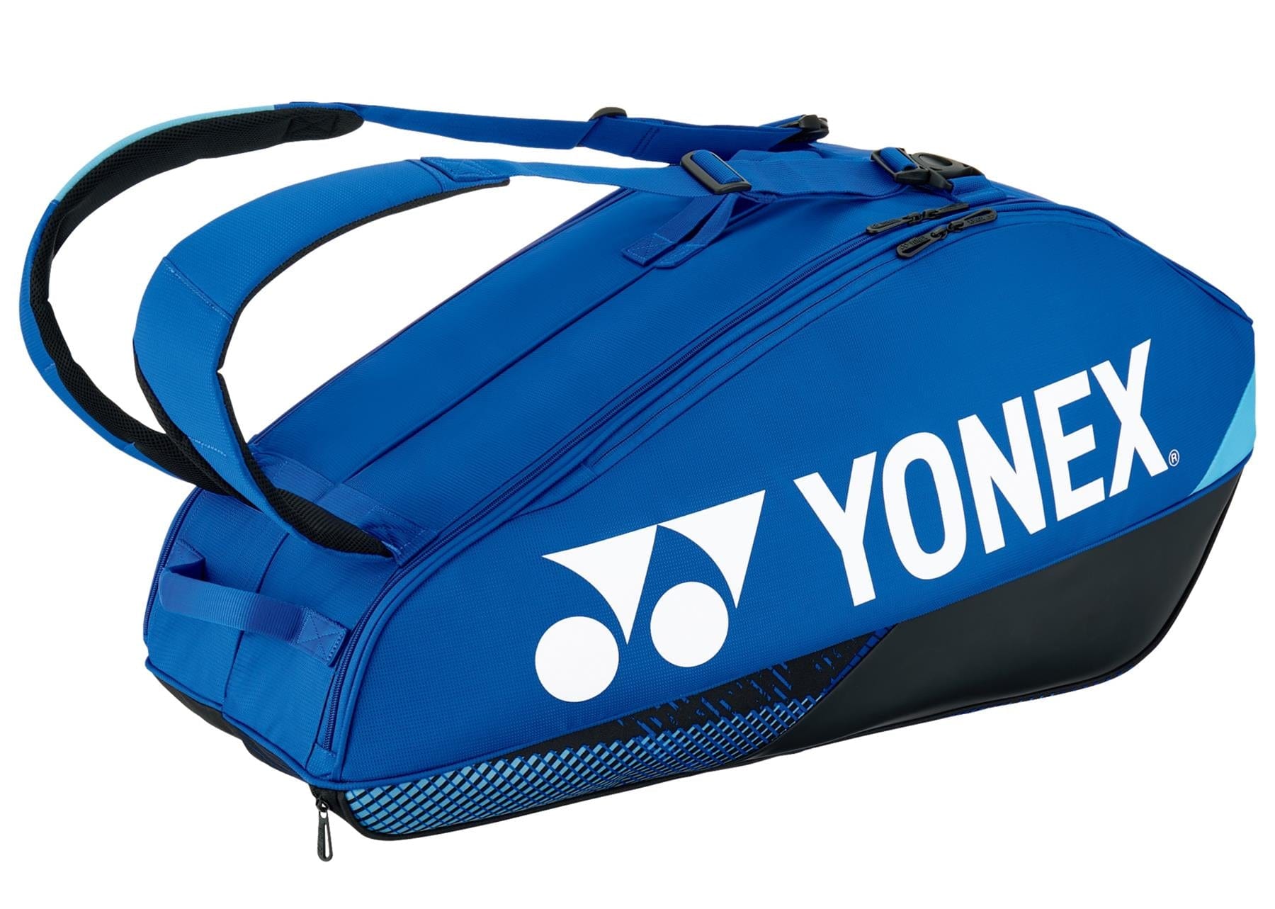 The Yonex 92426EX Pro 6 Racket Badminton Bag in cobalt blue comes equipped with shoulder straps and multiple compartments to accommodate racquets and gear. It prominently displays the Yonex logo in white on the side, merging style with practicality.