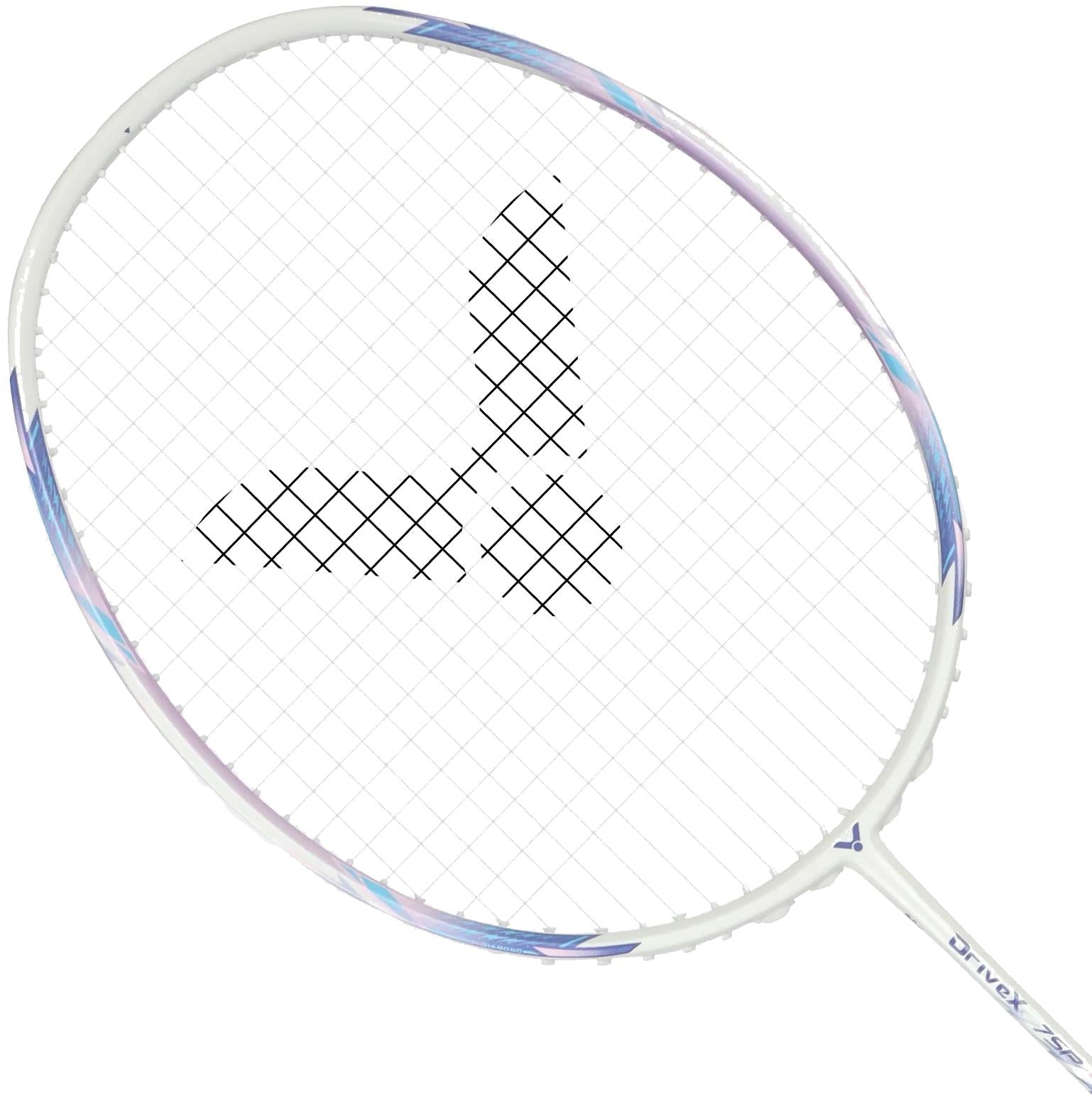 The Victor DriveX 7SP AJ 4U Badminton Racket in white and purple by Victor features light blue accents, a unique black string pattern, and is photographed against a white background. Suitable for all skill levels.