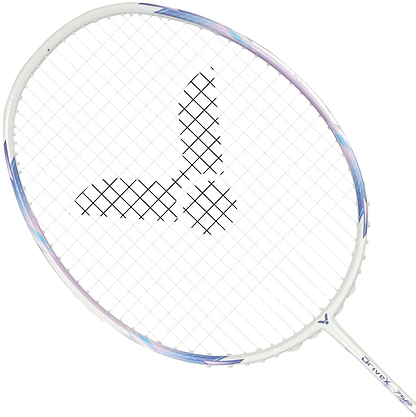 The Victor DriveX 7SP AJ 4U Badminton Racket in white and purple by Victor features light blue accents, a unique black string pattern, and is photographed against a white background. Suitable for all skill levels.