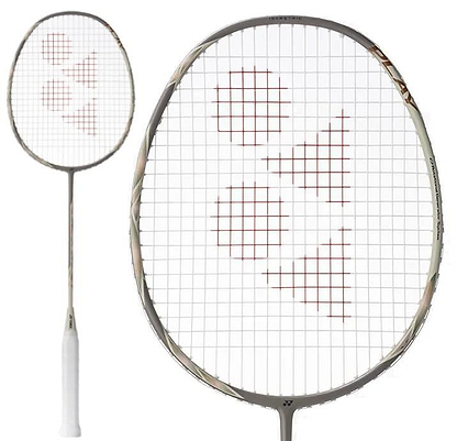 The Yonex Astrox 77 Play 4U Badminton Racket in Light Beige features a white grip and a red Yonex logo on the strings, shown from the front and in close-up—ideal for beginners.