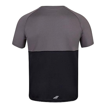 The Babolat Men's Play Crew Neck T-Shirt in black is a short-sleeved, slim-fit athletic shirt designed with a half-gray, half-black color scheme. Made from lightweight Fiber Dry-polyester, it offers breathability and features a small logo near the bottom center, ensuring optimal comfort and performance.