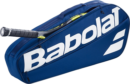 A blue Babolat Court XS 3 Racket Badminton Bag by Babolat with a tennis racket partially inside, showing the handle and part of the frame. The compact bag features a large white Babolat logo on its side.