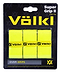 A pack of three Volkl Super Grip II badminton overgrips in vibrant yellow is presented in black packaging with striking yellow text, showcasing the brand logo and product name. The design emphasizes its premium polyurethane-coated overgrip features.