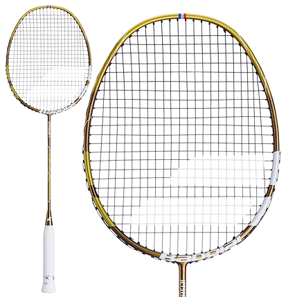 Close-up of the ultra-lightweight Babolat Jetstream 78 5U Badminton Racket by Babolat, featuring a gold frame and white grip. Its tightly woven strings offer excellent maneuverability, while the visible shaft highlights its detailed design and vibrant color.
