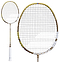 Close-up of the ultra-lightweight Babolat Jetstream 78 5U Badminton Racket by Babolat, featuring a gold frame and white grip. Its tightly woven strings offer excellent maneuverability, while the visible shaft highlights its detailed design and vibrant color.