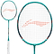 The Li-Ning BladeX 200 4U Badminton Racket in Viridian Green features a high carbon frame, white grip, and an orange string pattern, displayed fully on the left with a close-up of the head on the right.
