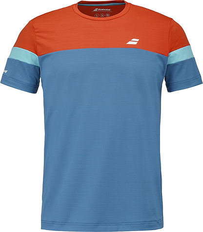 The Babolat Crew Neck Men's Badminton T-Shirt - Seaport features short sleeves, a red-orange upper, blue lower section, light blue sleeve bands, and small white Babolat logos on the chest and sleeve.