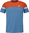 The Babolat Crew Neck Men's Badminton T-Shirt - Seaport features short sleeves, a red-orange upper, blue lower section, light blue sleeve bands, and small white Babolat logos on the chest and sleeve.