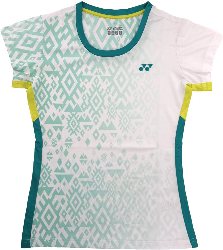 The Yonex YTL11 Womens Badminton T-Shirt in white features teal geometric designs, teal side panels, and yellow sleeve accents. This lightweight, quick-drying Yonex shirt ensures comfort on court.