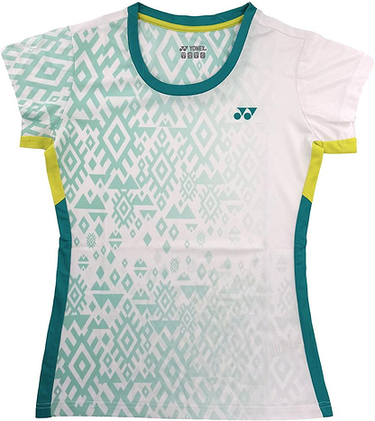 The Yonex YTL11 Womens Badminton T-Shirt in white features teal geometric designs, teal side panels, and yellow sleeve accents. This lightweight, quick-drying Yonex shirt ensures comfort on court.
