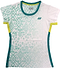 The Yonex YTL11 Womens Badminton T-Shirt in white features teal geometric designs, teal side panels, and yellow sleeve accents. This lightweight, quick-drying Yonex shirt ensures comfort on court.