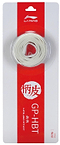 The Li-Ning GP-HBT Badminton Grip - White is elegantly displayed in clear packaging. "Li-Ning" stands out atop a red and white background with text and logos, offering cushioned comfort for optimal performance as an ideal replacement grip.