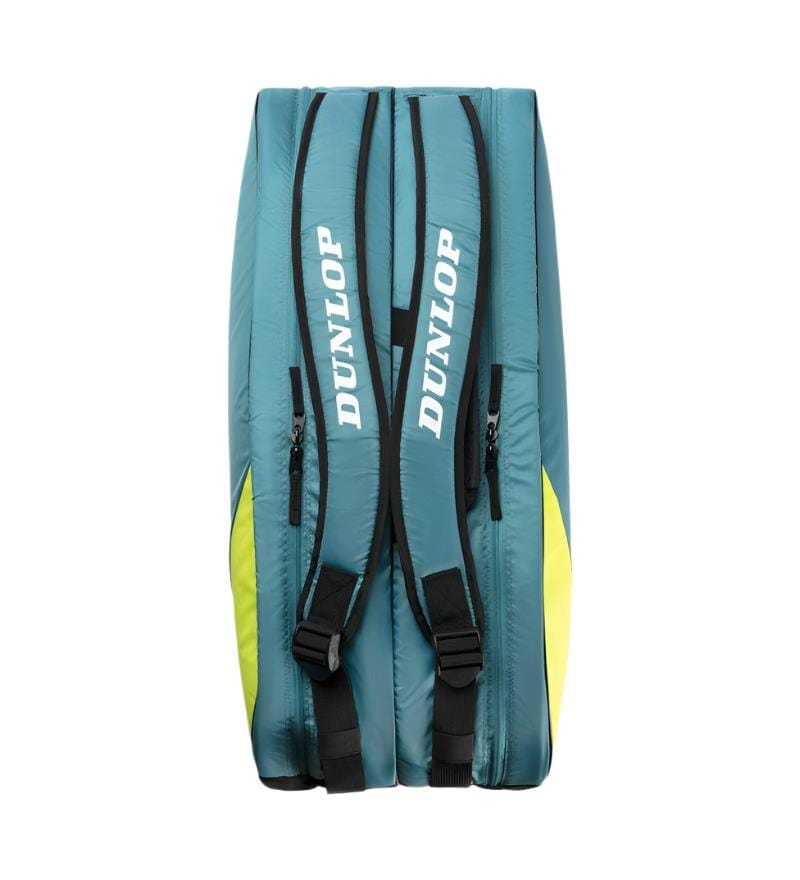 The Dunlop SX Club 10 Racket Badminton Bag, in teal, black, and yellow, features two vertical straps with "Dunlop" in white. It includes two spacious zippered pockets for essentials.