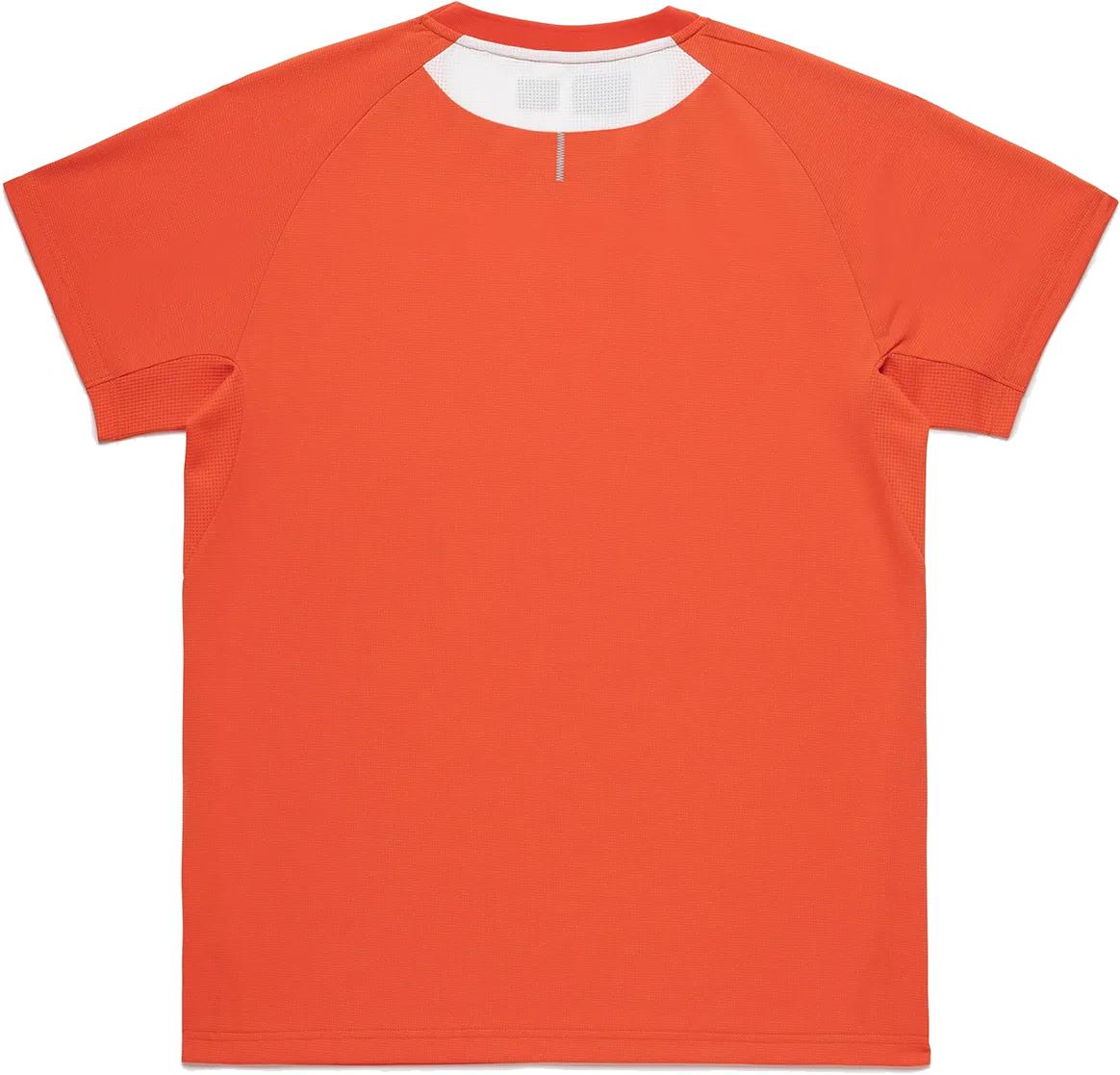 The Yonex 10711YX Crew Neck Mens Badminton T-Shirt in Cyber Orange is shown laid flat, back side up, with a small white tag inside the collar. Perfect for comfort and style as performance sportswear or on the badminton court.