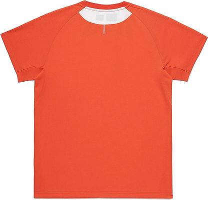 The Yonex 10711YX Crew Neck Mens Badminton T-Shirt in Cyber Orange is shown laid flat, back side up, with a small white tag inside the collar. Perfect for comfort and style as performance sportswear or on the badminton court.