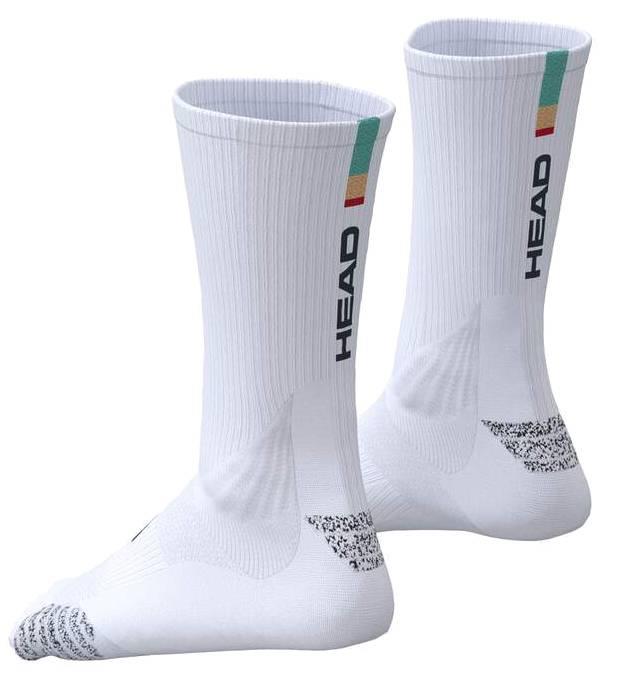 The HEAD Colour Crew Badminton Socks in white and turquoise feature ribbed texture, black "HEAD" text on the side, colorful ankle stripes, zonal cushioning for comfort, and black accents on toes and heels.