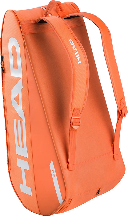The HEAD Tour 9 Racket Badminton Bag L in bright orange features two shoulder straps, a side zipper, and bold white “HEAD” branding—combining modern design and function for stylishly carrying your sports equipment.