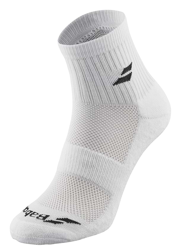 The Babolat Quarter 3 Pack Badminton Socks in White, Blue, and Grey are designed with a ribbed cuff and ventilated zones to enhance airflow. Featuring a small black logo on the side and a smooth toe seam, these socks offer exceptional comfort and performance for badminton players.