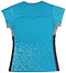 The Yonex YTL11 Women's Badminton T-Shirt - Blue Sea is a short-sleeved, lightweight performance tee with gray side panels and a geometric bottom pattern, shown from the back.