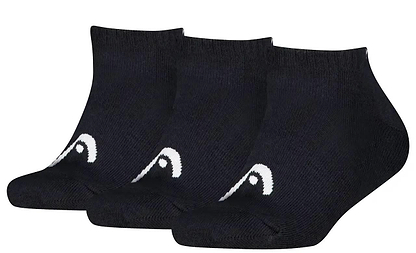 The HEAD All Sport Sneaker Badminton Socks - Black (3 Pack) by HEAD features cushioned soles for comfort and a small white logo on the toe—ideal for badminton.