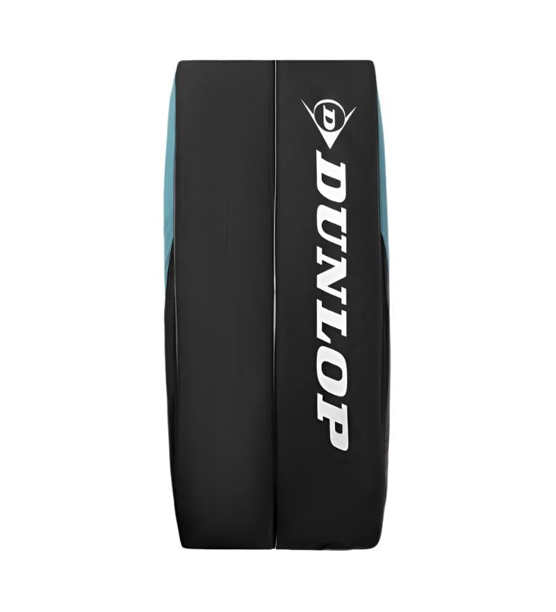 Discover the Dunlop SX Club 10 Racket Badminton Bag in teal, black, and yellow. This spacious bag features "Dunlop" prominently in bright letters and offers a sleek design perfect for organizing your badminton gear efficiently.