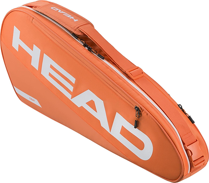 The HEAD Tour 3 Racket Badminton Bag S - Orange by HEAD features a zippered main compartment, side pocket, and carry handle—ideal for badminton gear or tennis essentials.