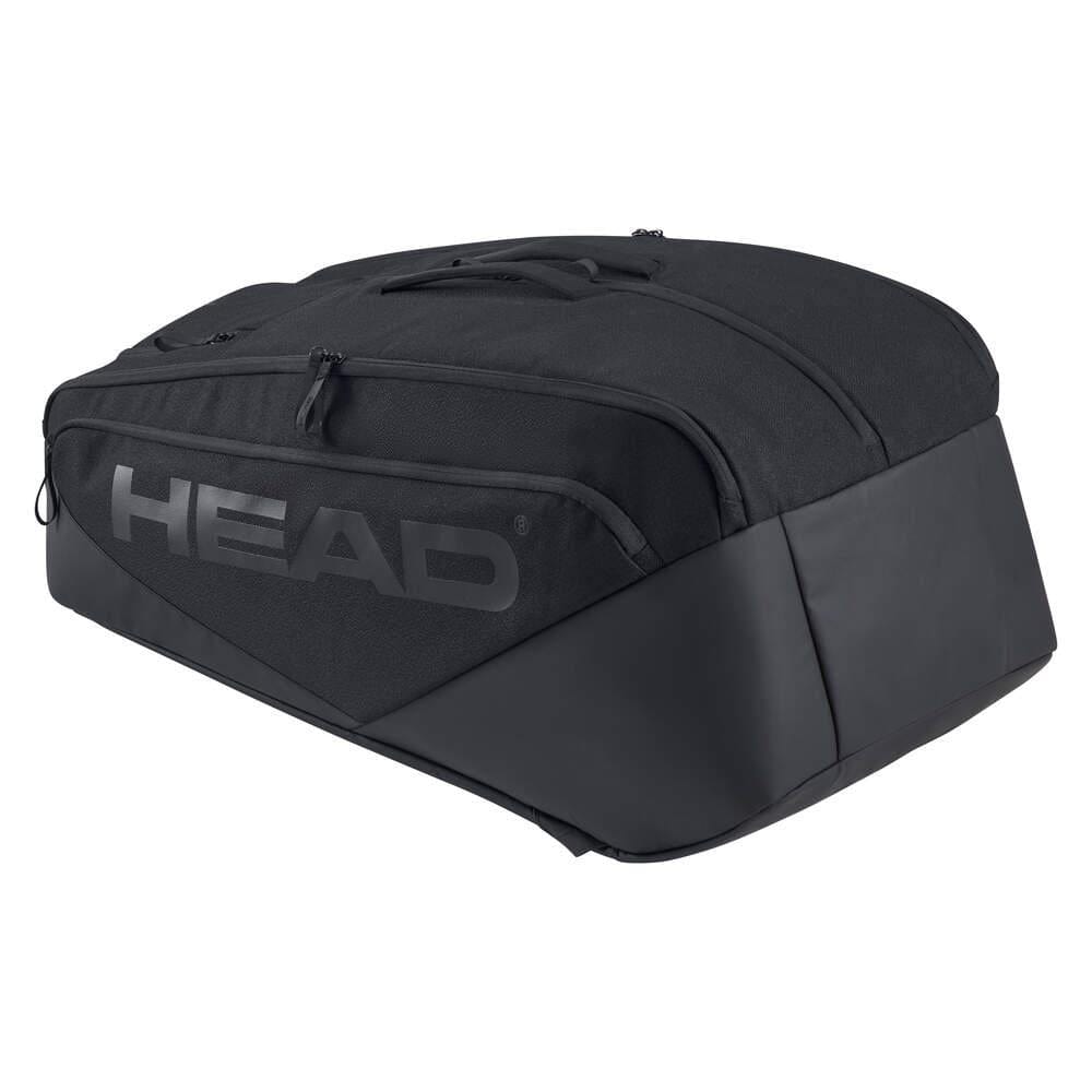 The HEAD Pro X 12 Racket Badminton Racket Bag XL - Black features a spacious zippered main compartment, side pocket, durable material, CCT+ climate control technology, and a sleek modern design with the dark gray HEAD logo.