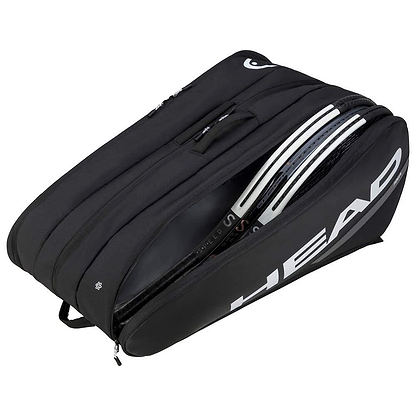 A black HEAD Tour Badminton Racket Bag XL, showcasing multiple compartments and a backpack carrying system, is partially unzipped to reveal the strings and edge of a badminton racket inside. The bag prominently features the brand logo "HEAD" in large white letters on its side.