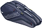 Introducing the Babolat Evo Court L Racket Bag in grey and blue, designed with eco-friendly recycled PET material. This bag features multiple zippered compartments and displays the white Babolat logo on its side. For versatile carrying options, handles and shoulder straps are included.
