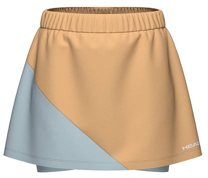 The HEAD Dynamic Womens Badminton Skort in apricot and light blue features a colorblock design, elastic waistband, moisture-wicking fabric, and the HEAD logo in white on the lower edge.