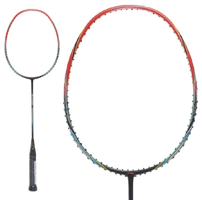 The Li-Ning Black Iron 4U Badminton Racket - Fire Red features a black handle and a vibrant red and blue frame. Constructed with high-grade carbon technology, its durable strings boost precision and power. The lightweight design optimizes on-court performance.