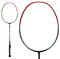 The Li-Ning Black Iron 4U Badminton Racket - Fire Red features a black handle and a vibrant red and blue frame. Constructed with high-grade carbon technology, its durable strings boost precision and power. The lightweight design optimizes on-court performance.