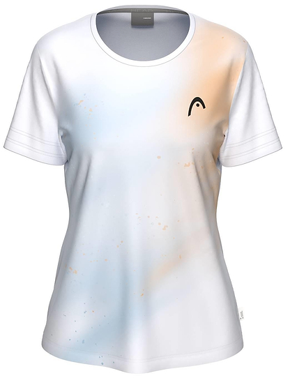 The HEAD Tie-Break II Women’s Badminton T-Shirt - APXW is a white, short-sleeved top with pastel blue and orange accents, crafted in moisture-wicking fabric for comfort—ideal for court sports like badminton or tennis.
